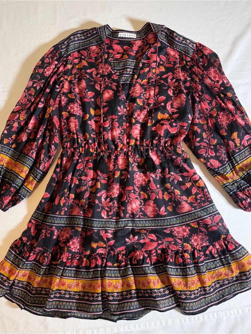 Alice + Olivia Silk Blend Dress with Ballon Sleeves Pink Floral Print Lined